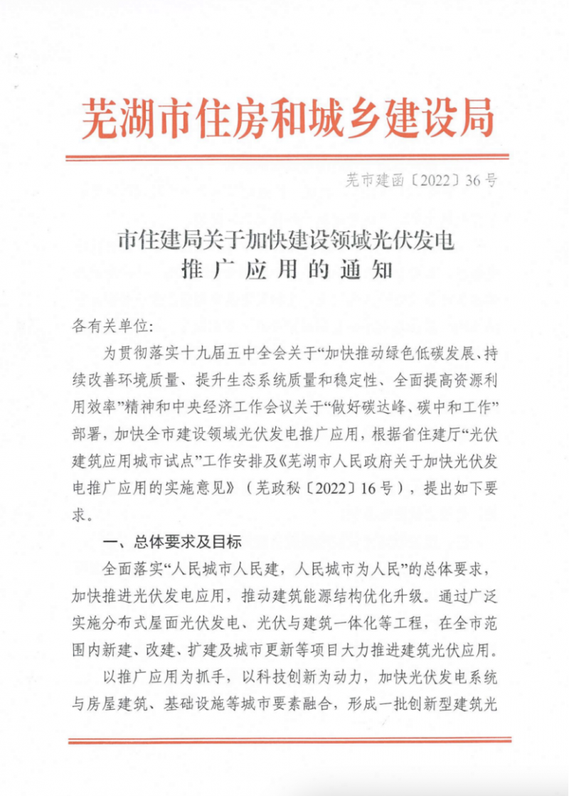 安徽蕪湖：新建、改建、擴(kuò)建工商業(yè)屋頂分布式光伏比例不低于70%