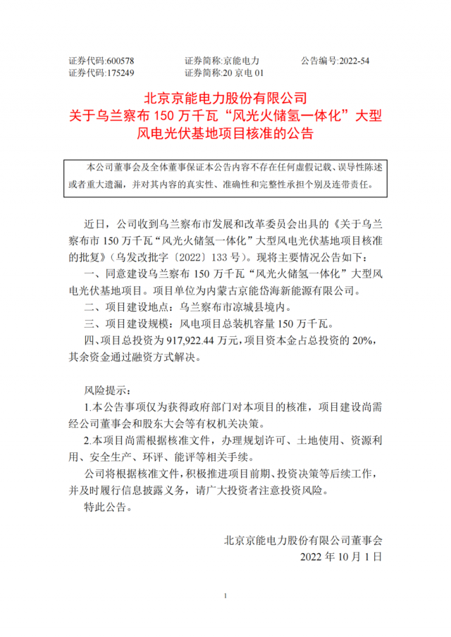 京能電力150萬千瓦“風(fēng)光火儲氫”基地獲批！