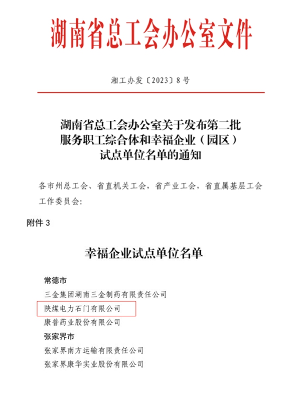 陜煤石電公司獲評“湖南省幸福企業(yè)試點(diǎn)單位”